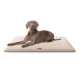 Ein grauer Weimaraner-Hund liegt bequem auf einem plüschigen beigen Haustierbett und schaut direkt in die Kamera.