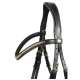 Schwarzes Lederpferdegeschirr mit goldenen Akzenten, mit verstellbaren Riemen und einem Markenlogo-Anhänger.
