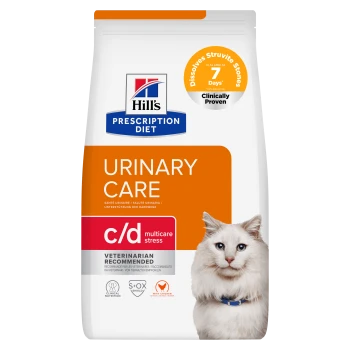 Sac de nourriture pour chats Hill's Prescription Diet Urinary Care c/d multicare stress, emballage blanc/orange, photo de chat, recommandé par un vétérinaire