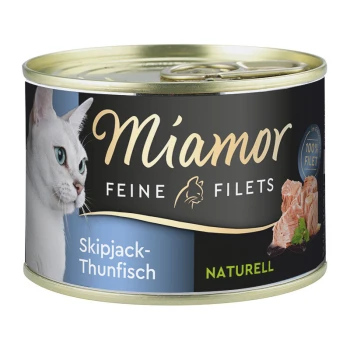 Eine Dose Miamor Feine Filets Katzenfutter mit dem Gesicht einer weißen Katze auf dem Etikett, mit den Angaben "Skipjack-Thunfisch" und "NATURELL".