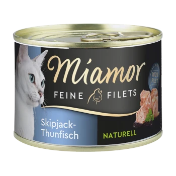 Eine Dose Miamor Feine Filets Katzenfutter mit dem Gesicht einer weißen Katze auf dem Etikett, mit den Angaben "Skipjack-Thunfisch" und "NATURELL".