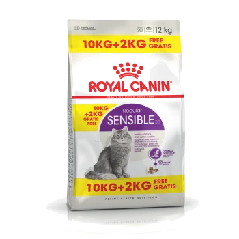 Royal Canin Sensible Katzenfutterbeutel, 12 kg, mit einer Illustration einer grauen Katze, mit den Texten "10KG+2KG GRATIS" und "Optimale Verdauung."