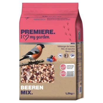 Eine 1,5 kg Tüte "Premiere I Love My Garden" Beerenmix Vogelfutter, mit einer bunten Illustration eines Gimpels auf einem Ast und sichtbaren Beeren.
