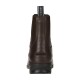 Braune Leder-Ankle-Boots mit einer Zuglasche, mit einem eleganten Design und einer Gummisohle, von hinten betrachtet.