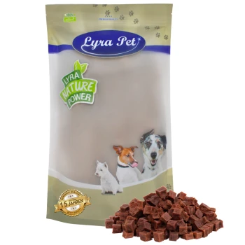 Lyra Pet Hundeleckerlis Verpackung mit einem beigen Beutel mit dem Text "Lyra Nature Power," und Bildern eines Hundes, einer Katze und eines Welpen.