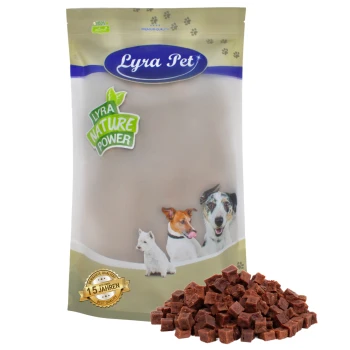 Lyra Pet Hundeleckerlis Verpackung mit einem beigen Beutel mit dem Text "Lyra Nature Power," und Bildern eines Hundes, einer Katze und eines Welpen.