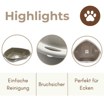 Überschrift 'Highlights', Pfoten-Symbol, drei Nahaufnahmen einer braunen Eck-Katzentoilette — Texte: 'Einfache Reinigung', 'Bruchsicher', 'Perfekt für Ecken'.