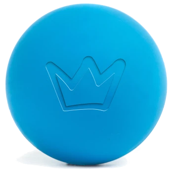 Blaues Gummihundespielzeug in Form einer runden Scheibe mit einem eingestanzten Kronenlogo auf der Oberfläche.