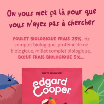 Sac rose de nourriture pour animaux Edgard & Cooper avec slogan en français et texte visible « POULET BIOLOGIQUE FRAIS 25 % » et illustrations de produits frais