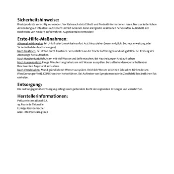 Sicherheitsanweisungen und Erste-Hilfe-Maßnahmen für ein Bioid-Produkt, einschließlich Notfallkontaktinformationen und Entsorgungsrichtlinien.