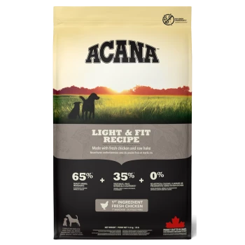 ACANA Light & Fit dog food bag with a sunset background, showcasing fresh chicken, 65% animal ingredients, and no artificial additives.