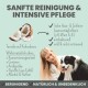 Produktanzeige für sanfte Reinigung und intensive Pflege, die eine Kokosnuss, eine Frau mit einem Hund zeigt und antibakterielle sowie natürliche Vorteile hervorhebt.