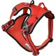 Red dog harness featuring adjustable straps, a padded interior, and a sturdy buckle, designed for comfort and safety.