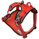 Red dog harness featuring adjustable straps, a padded interior, and a sturdy buckle, designed for comfort and safety.