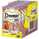 Emballage de friandises pour chat Dreamies Mix avec un chat joueur et un poulet, avec du texte mettant en avant les saveurs de poulet et de canard.