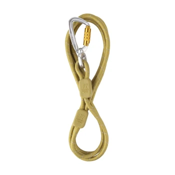 Führleine Rope Thin Eine gelbe Hundeleine mit einem silbernen Karabiner und zwei Gummigriffen, die an den Griffen mit "WOOLLY WOLF" beschriftet sind.