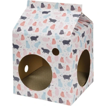 Cardboard cat house with colorful cat and yarn ball patterns, featuring two circular openings and a textured scratching surface inside.