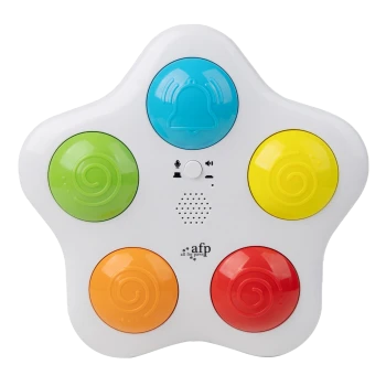 Weißes sternförmiges Haustierspielzeug mit fünf bunten Tasten (oben blau mit Glockensymbol), Lautsprecher und Logo „afp all for paws“.
