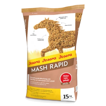 15 kg Sack Josera Mash Rapid Pferdefutter, mit einer Pferdesilhouette und Vorteilen wie "glänzendes Fell" und "Hoher Leingehalts."