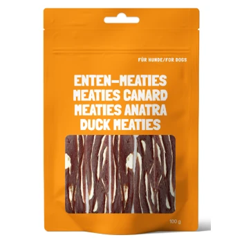 Oranges Paket Entenfleisch-Hundesnacks "Enten-Meaties" mit sichtbaren Fleischstreifen innen, 100g.