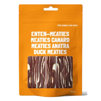 Oranges Paket Entenfleisch-Hundesnacks "Enten-Meaties" mit sichtbaren Fleischstreifen innen, 100g.