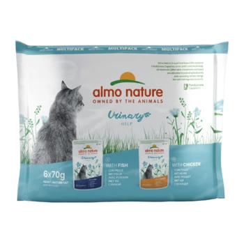 Multipack Almo Nature Urinary Help Katzenfutter mit Fisch- und Hühnergeschmack, mit grauer Katze und Gras-Design.