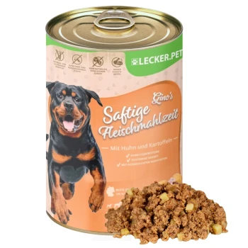 Dosen-Hundefutter mit der Aufschrift "Gino's Saftige Fleischmahlzeit" mit Huhn und Kartoffeln, mit einem Rottweiler auf der Vorderseite.