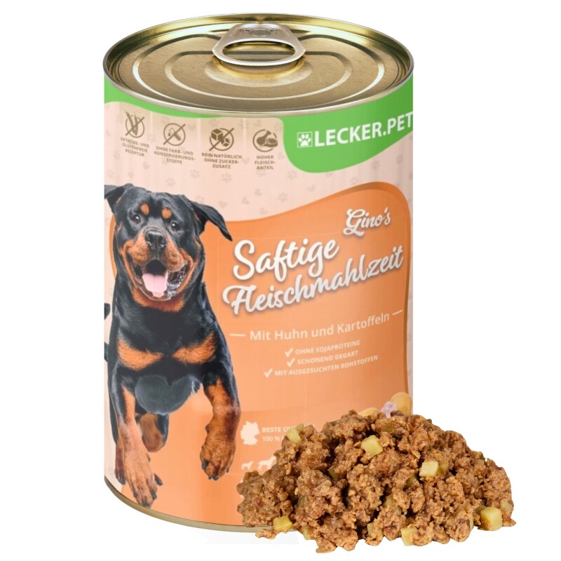 Lyra Pet Lecker.Pet Gino's Saftige Fleischmahlzeit mit Huhn & Kartoffeln Hundefutter Nassfutter 400 g
