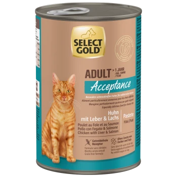 Select Gold Adult Acceptance Katzenfutterdose mit orange getigertem Kater, Huhn mit Leber & Lachs, getreidefreie Rezeptur, ohne Zuckerzusatz oder Soja.