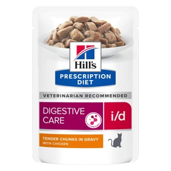 Hill's Prescription Diet i/d Verdauungsversorgung Katzenfutterbeutel mit zarten Stückchen in Soße mit Huhn, gekennzeichnet mit 'Vom Tierarzt empfohlen.'
