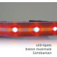 LED-Halsband für Hunde mit leuchtend roten und blauen LED-Punkten, mit dem Text "LED-Spots bieten maximale Sichtbarkeit" am unteren Rand.