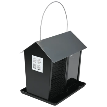 Black metal bird feeder shaped like a house with a mesh side, clear plastic panel, and hanging wire handle.
