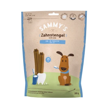Zahnstengel 300 g Verpackung für Sammys Zahnstick, mit einem Cartoon-Hund, Bildern zur Zahnpflege und Text, der 25 kcal pro Stick, 300 g insgesamt angibt.