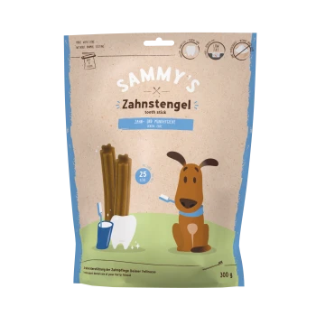 Emballage pour le bâton à dents de Sammy, avec un chien de dessin animé, des images de soins dentaires, et un texte indiquant 25 kcal par bâton, 300 g au total.