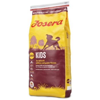 Josera Junior Kids Hundefutterbeutel mit einem gelb-bordeauxfarbenen Design, gekennzeichnet für die Aufzucht von mittelgroßen und großen Rassen, glutenfreies Rezept.