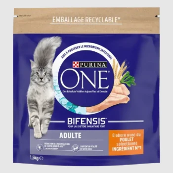 Emballage de nourriture pour chat Purina ONE Bifensis, présentant un chat gris, mettant en avant les bienfaits pour la santé intestinale et le soutien du système immunitaire, 1,5 kg.
