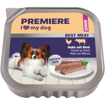 PREMIERE „I ♥ my dog“ Senior-Nassfutterschale, BEST MEAT Huhn mit Rind (Huhn & Rind), Pastetenscheiben auf einem Teller und Hundefoto.
