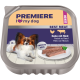 PREMIERE „I ♥ my dog“ Senior-Nassfutterschale, BEST MEAT Huhn mit Rind (Huhn & Rind), Pastetenscheiben auf einem Teller und Hundefoto.