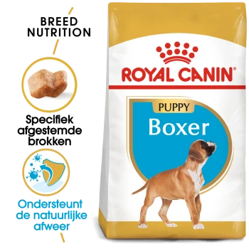 Royal Canin Puppy Boxer hondenvoer zak, met een illustratie van een Boxer puppy, met tekst die de voeding voor het ras en immuunondersteuning benadrukt.