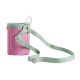 Eine rosa Leckerlitasche für Haustiere mit einem grünen Riemen und Clip, entworfen zum Tragen von Leckerlis während Spaziergängen oder Trainingseinheiten.