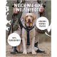 Eine Person hält einen Hund in einem Geschirr im Freien. Text: "WEICH WIE EINE WELPENPFOTE," "BEQUEMES NEOPREN-POLSTER," "100% TRAGEKOMFORT."