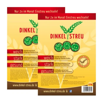 Zwei Dinkelstreu-Haustierbett-Pakete mit gelbem Hintergrund, die Kaninchen und Meerschweinchen zeigen und die Weichheit und gesundheitlichen Vorteile hervorheben.