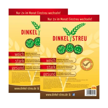 Zwei Dinkelstreu-Haustierbett-Pakete mit gelbem Hintergrund, die Kaninchen und Meerschweinchen zeigen und die Weichheit und gesundheitlichen Vorteile hervorheben.
