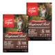 Zwei Beutel Orijen Regional Red Katzenfutter mit einer Katze auf einem Baumast, die "85% hochwertige tierische Zutaten" und "5 rohe Zutaten" hervorhebt.