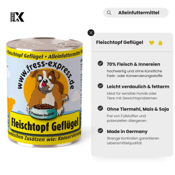 Dose von Fress-Express Hundefutter mit der Aufschrift „Fleischtopf Geflügel“, Cartoon-Bulldoggen und Angabe „70% Fleisch & Innereien“.