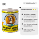 Dose von Fress-Express Hundefutter mit der Aufschrift „Fleischtopf Geflügel“, Cartoon-Bulldoggen und Angabe „70% Fleisch & Innereien“.