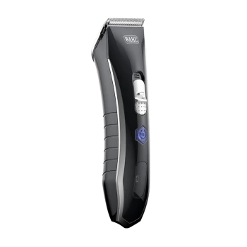 Tondeuse pour animaux Wahl noire et argent avec lame réglable et voyant d'alimentation bleu.