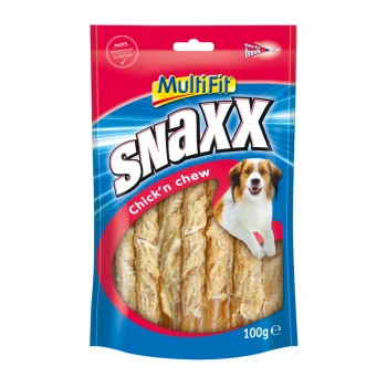 A colorful packaging of Multifit Snaxx Chick'n Chew dog treats, featuring a transparent window displaying the treats inside, 100g.