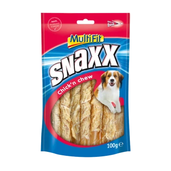A colorful packaging of Multifit Snaxx Chick'n Chew dog treats, featuring a transparent window displaying the treats inside, 100g.