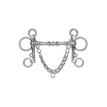 Ein Edelstahl-Pferdegebiss mit einem doppelt gebrochenen Mundstück und einer Kette, mit mehreren Ringen zur Befestigung.